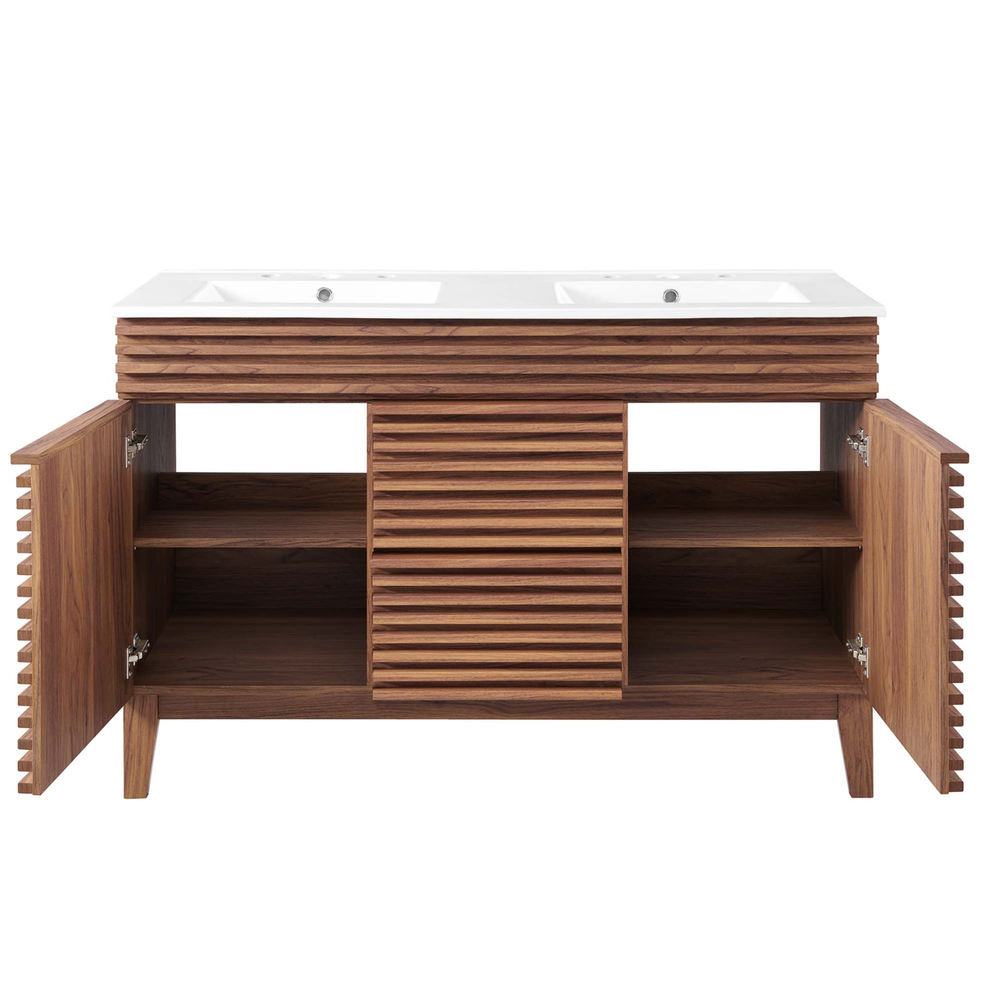 Walnut double-sink bathroom vanity with white top and slatted wood cabinet doors, open to reveal shelves.