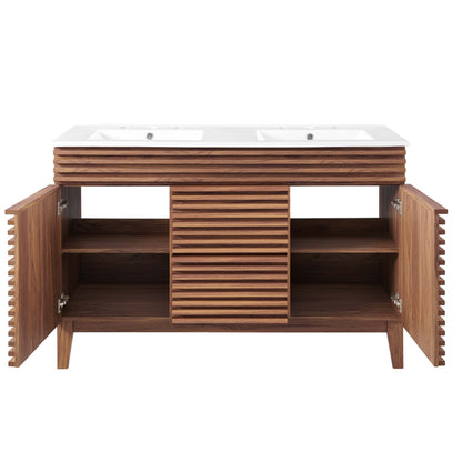 Walnut double-sink bathroom vanity with white top and slatted wood cabinet doors, open to reveal shelves.