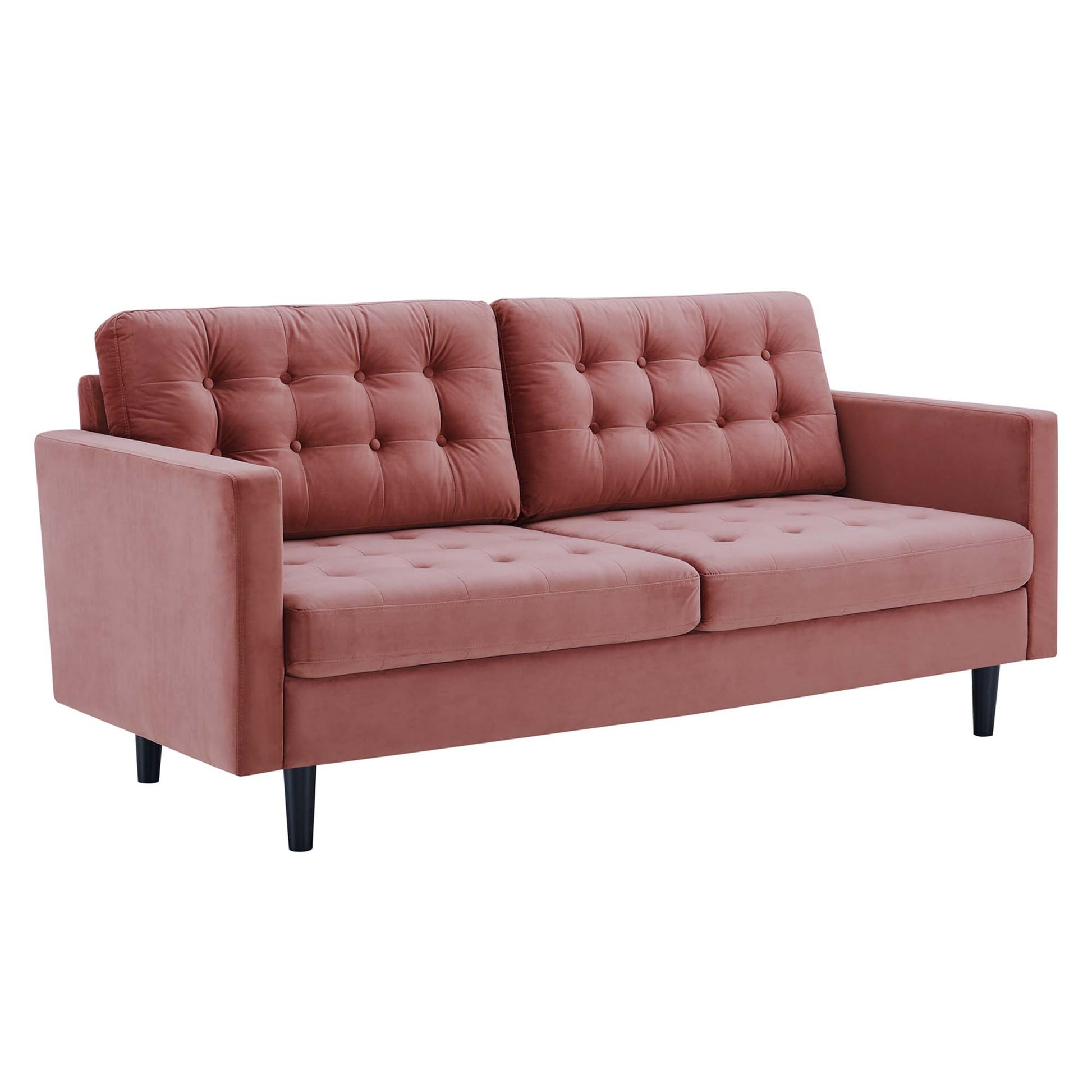 Dusty-rose velvet tufted 2-seat sofa with square arms, buttoned back cushions, and black tapered legs.