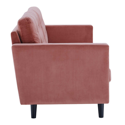 Dusty rose velvet sofa with square arms & cushioned back, all on black tapered legs.