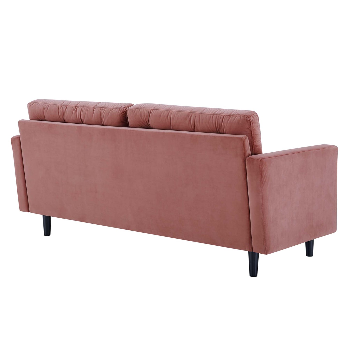 Dusty rose tufted performance velvet sofa with square arms, two back cushions, black tapered legs; mid-century modern.