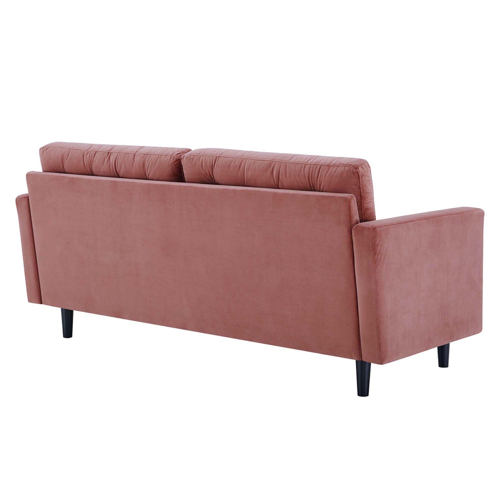 Dusty rose tufted performance velvet sofa with square arms, two back cushions, black tapered legs; mid-century modern.