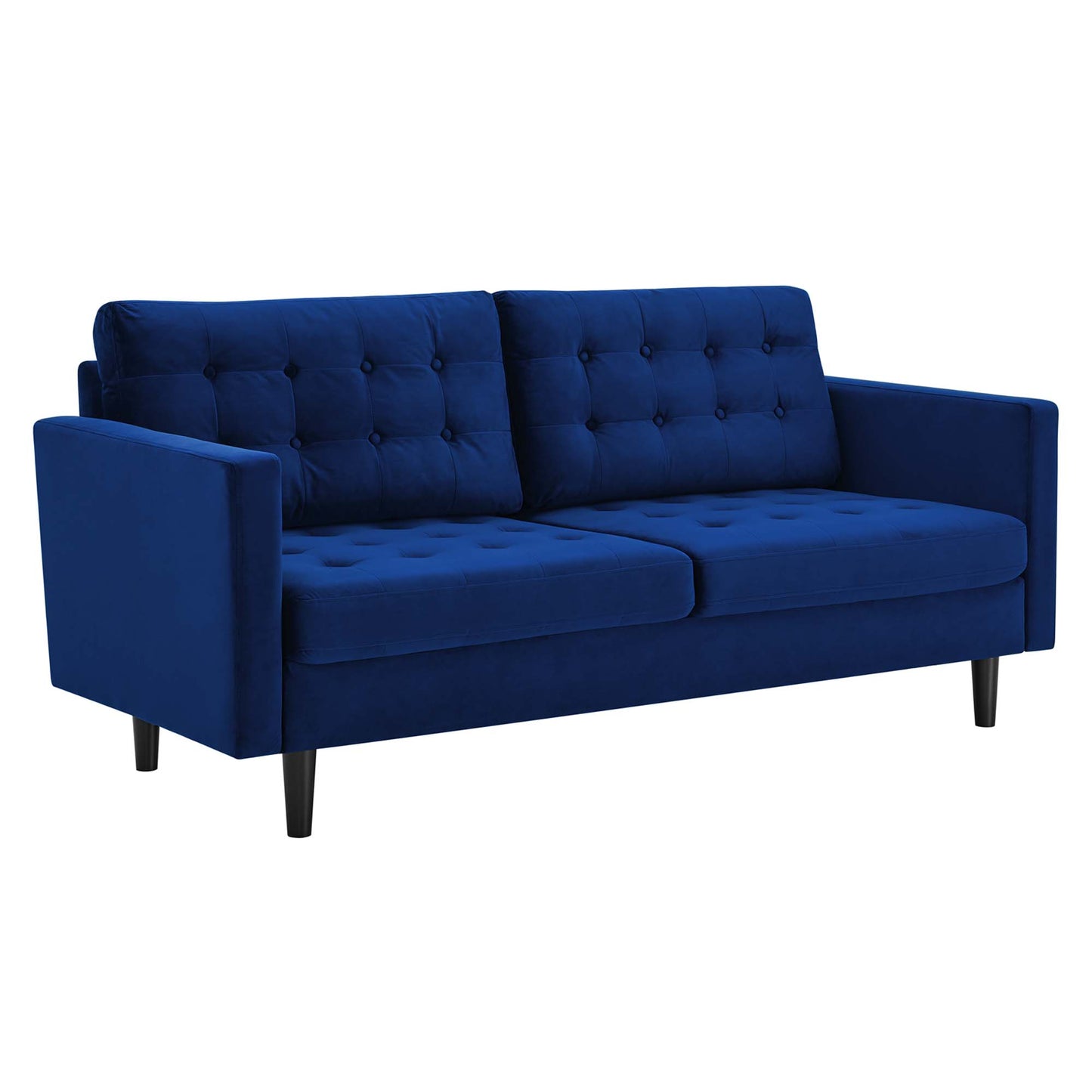 Navy blue velvet tufted sofa with two back cushions, two seat cushions, straight arms and black tapered legs.