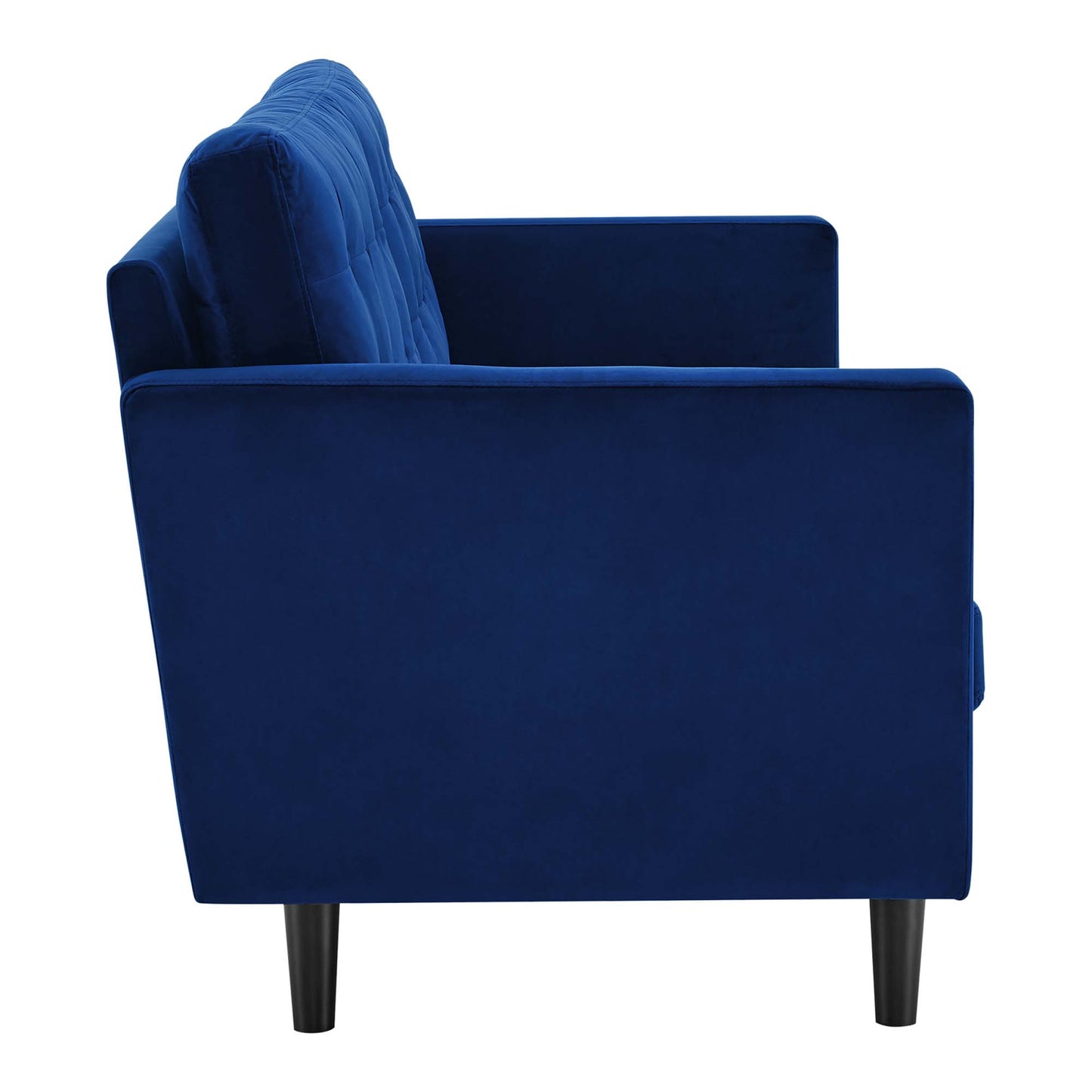 Navy blue tufted performance velvet sofa with square arms, cushioned back, tapered black legs, side view.