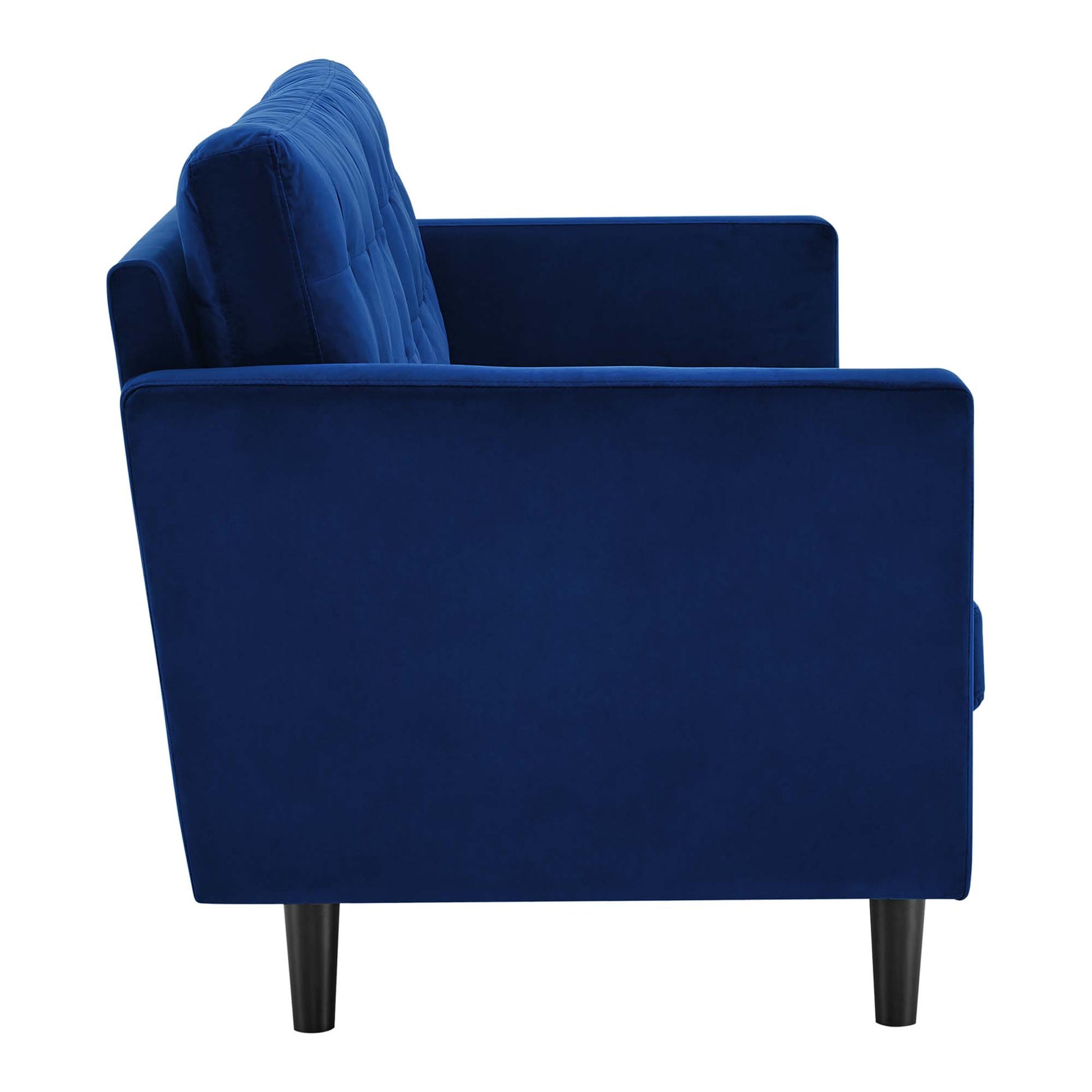 Navy blue tufted performance velvet sofa with square arms, cushioned back, tapered black legs, side view.