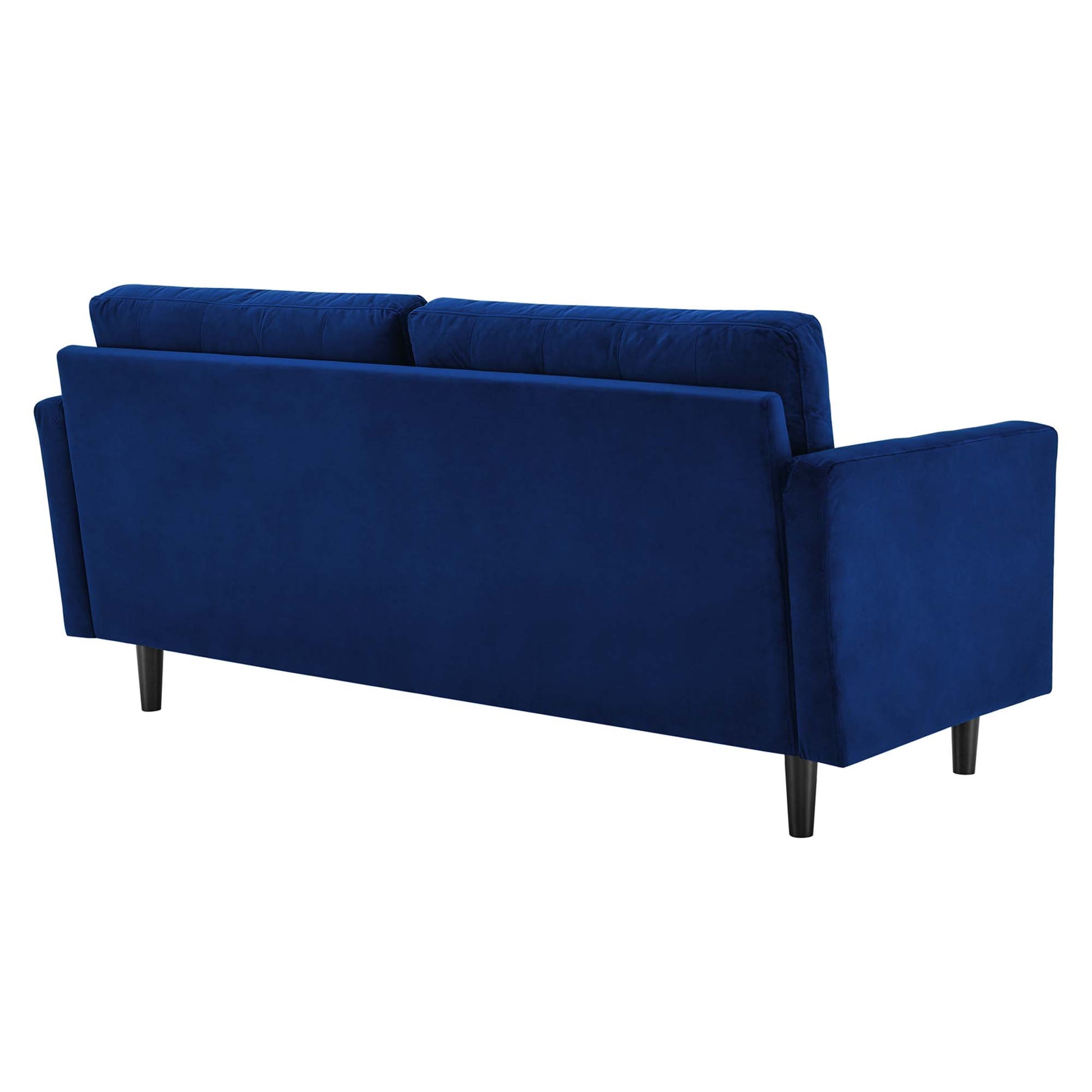 Rear view of navy blue velvet tufted sofa with square arms, two back cushions, black tapered legs.