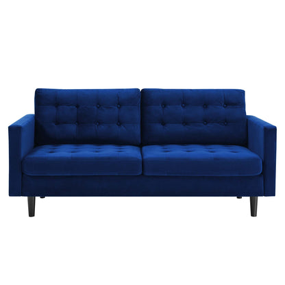 Navy blue velvet tufted two-seater sofa with square arms & dark legs.