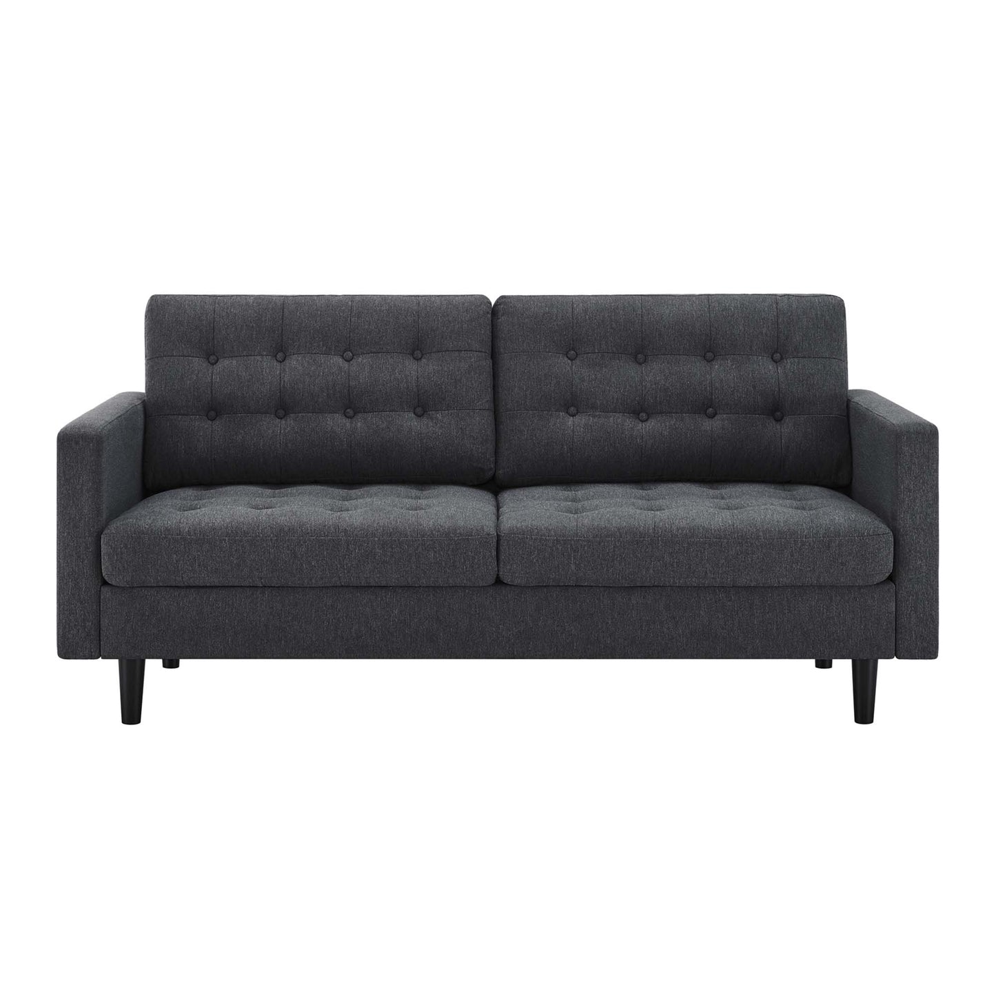 Charcoal grey fabric sofa with tufted back cushions, two-seat, rectangular arms, wooden legs; contemporary living room piece.