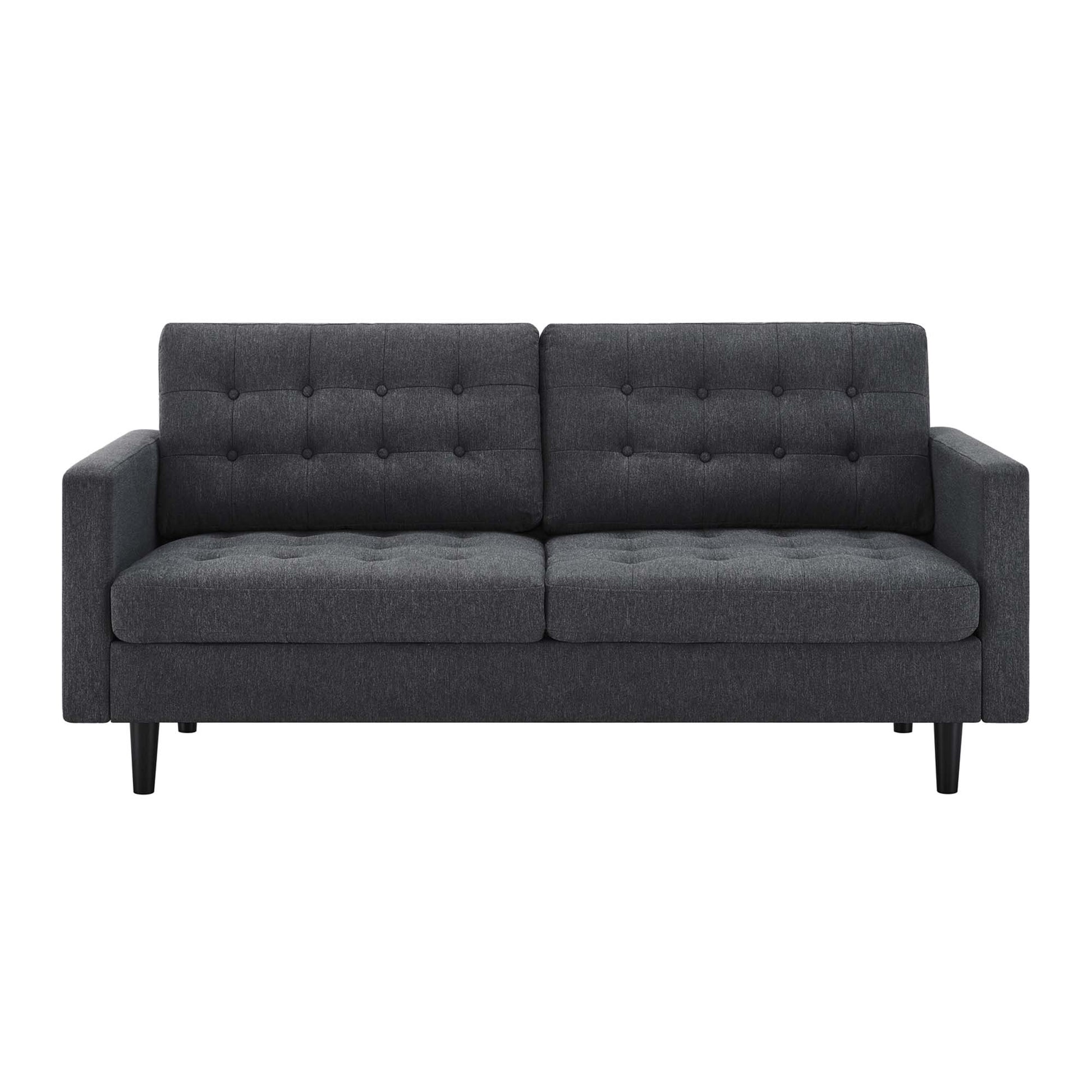 Charcoal grey fabric sofa with tufted back cushions, two-seat, rectangular arms, wooden legs; contemporary living room piece.