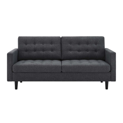 Charcoal grey fabric sofa with tufted back cushions, two-seat, rectangular arms, wooden legs; contemporary living room piece.
