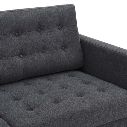 Charcoal gray fabric sofa with tufted seat and back cushions and square arms.