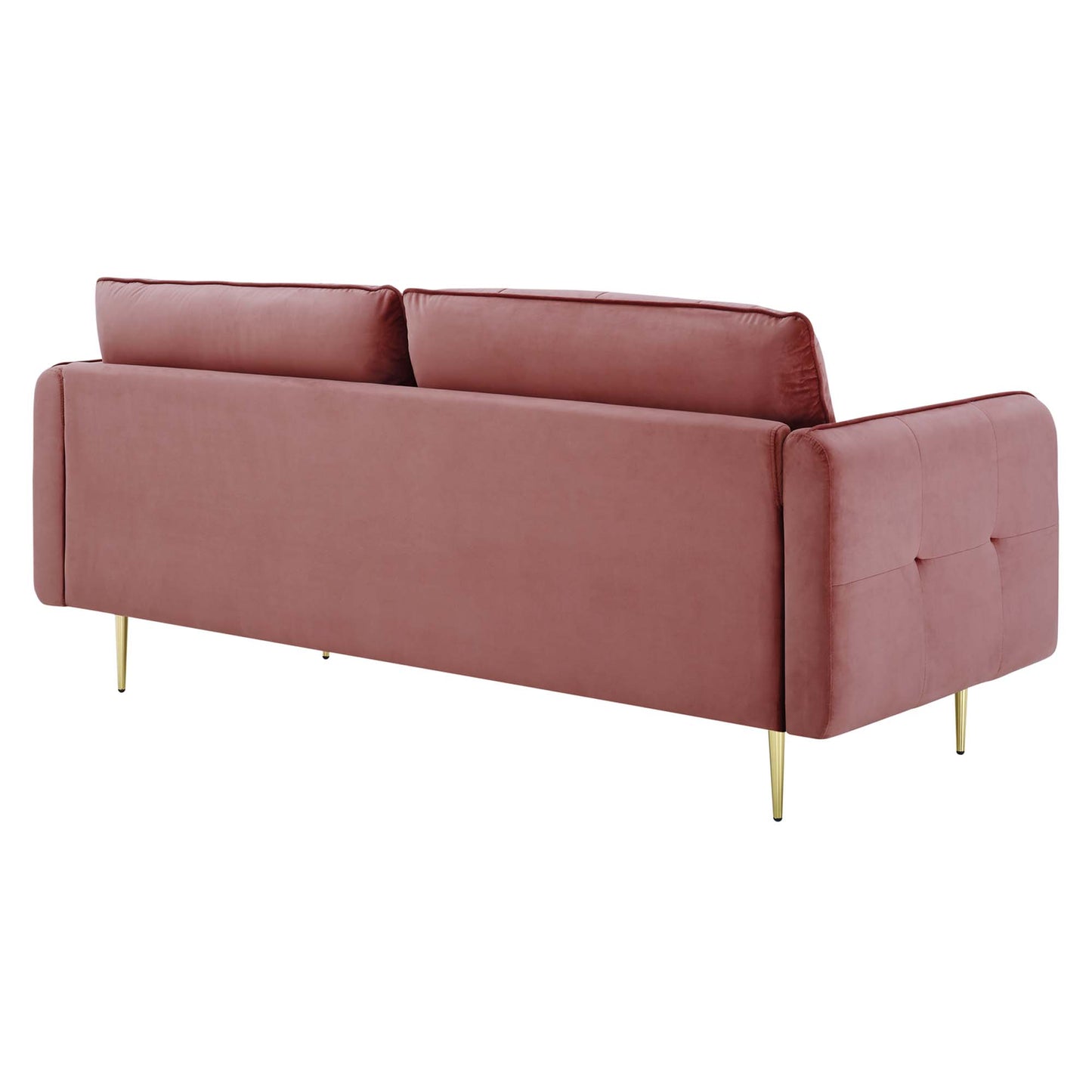 Dusty rose velvet sofa with gold tapered legs, two tufted back cushions and rectangular arms in a modern mid-century style.