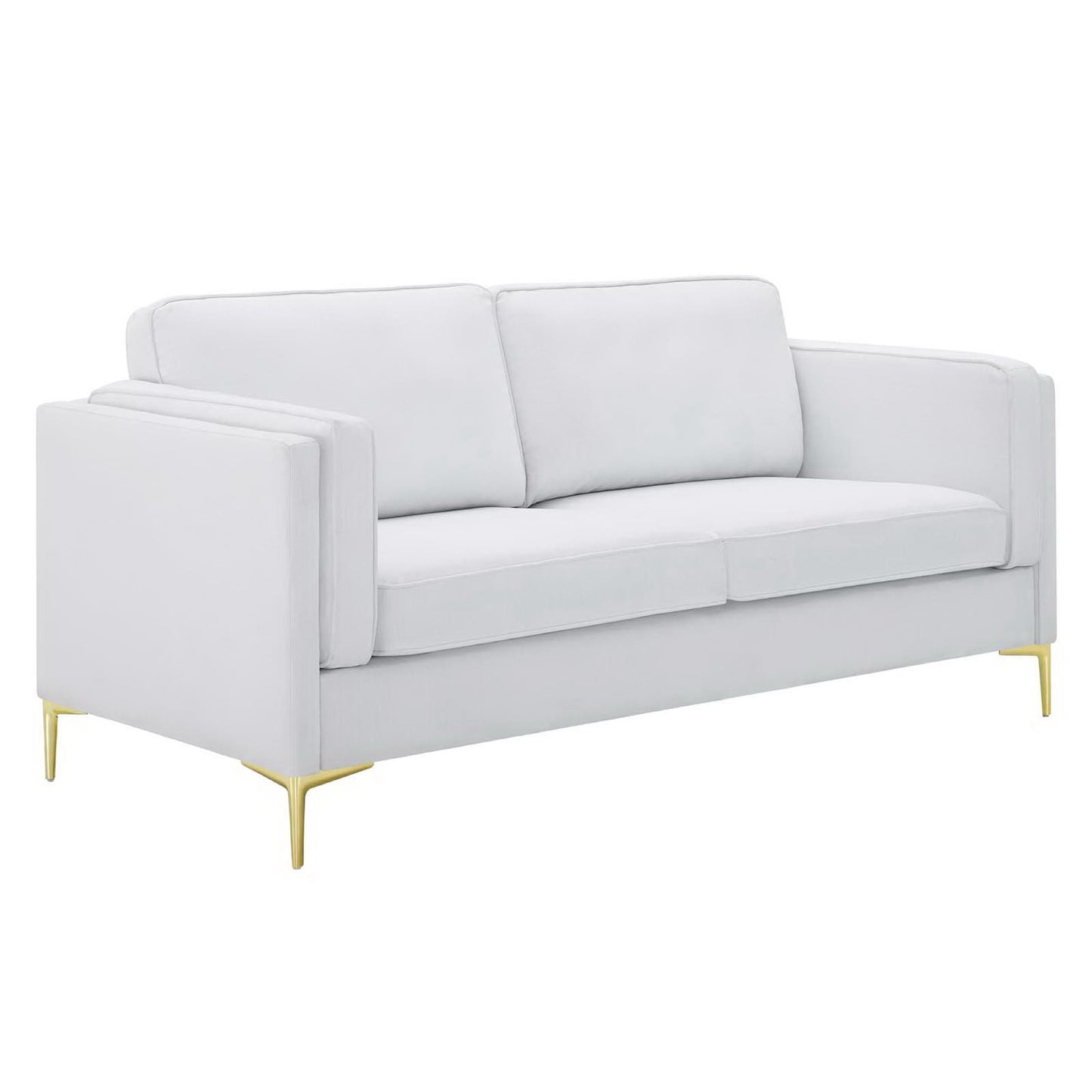 White fabric sofa with gold metal legs, two back cushions, square arms, contemporary living room style.