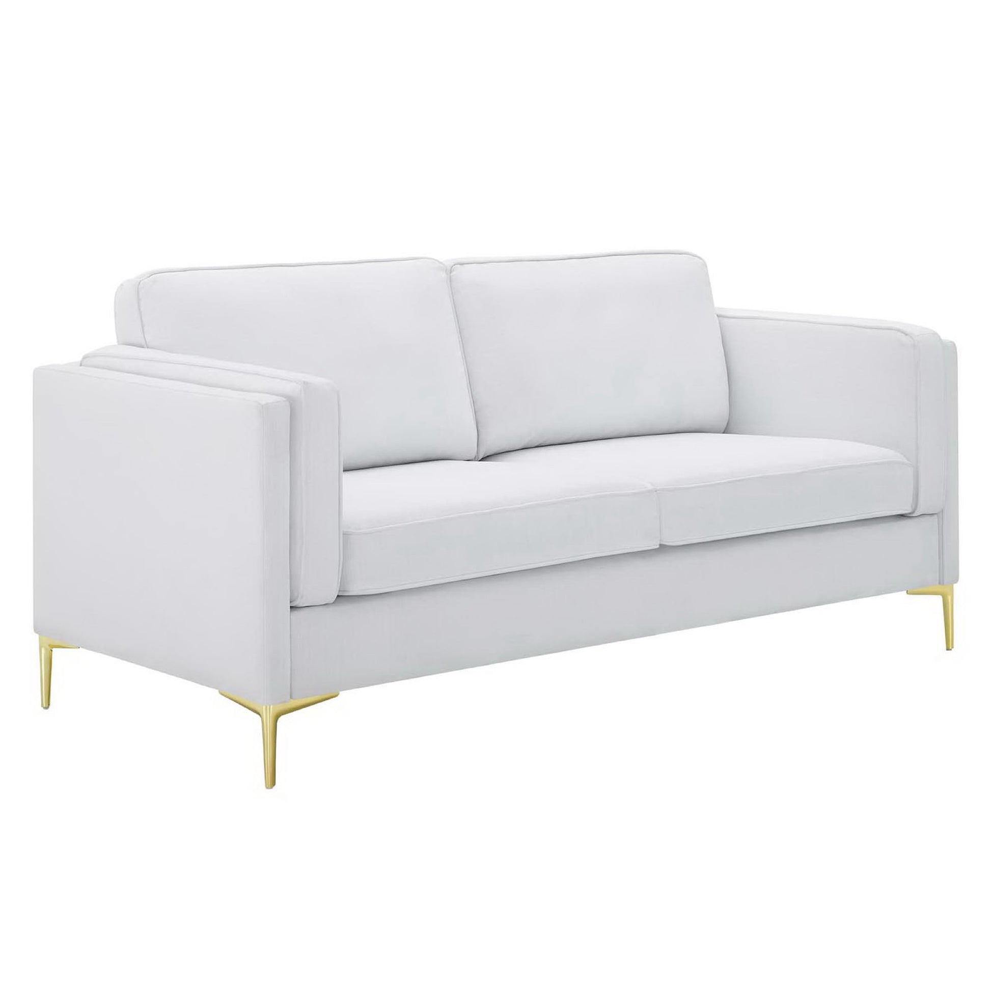 White fabric sofa with gold metal legs, two back cushions, square arms, contemporary living room style.