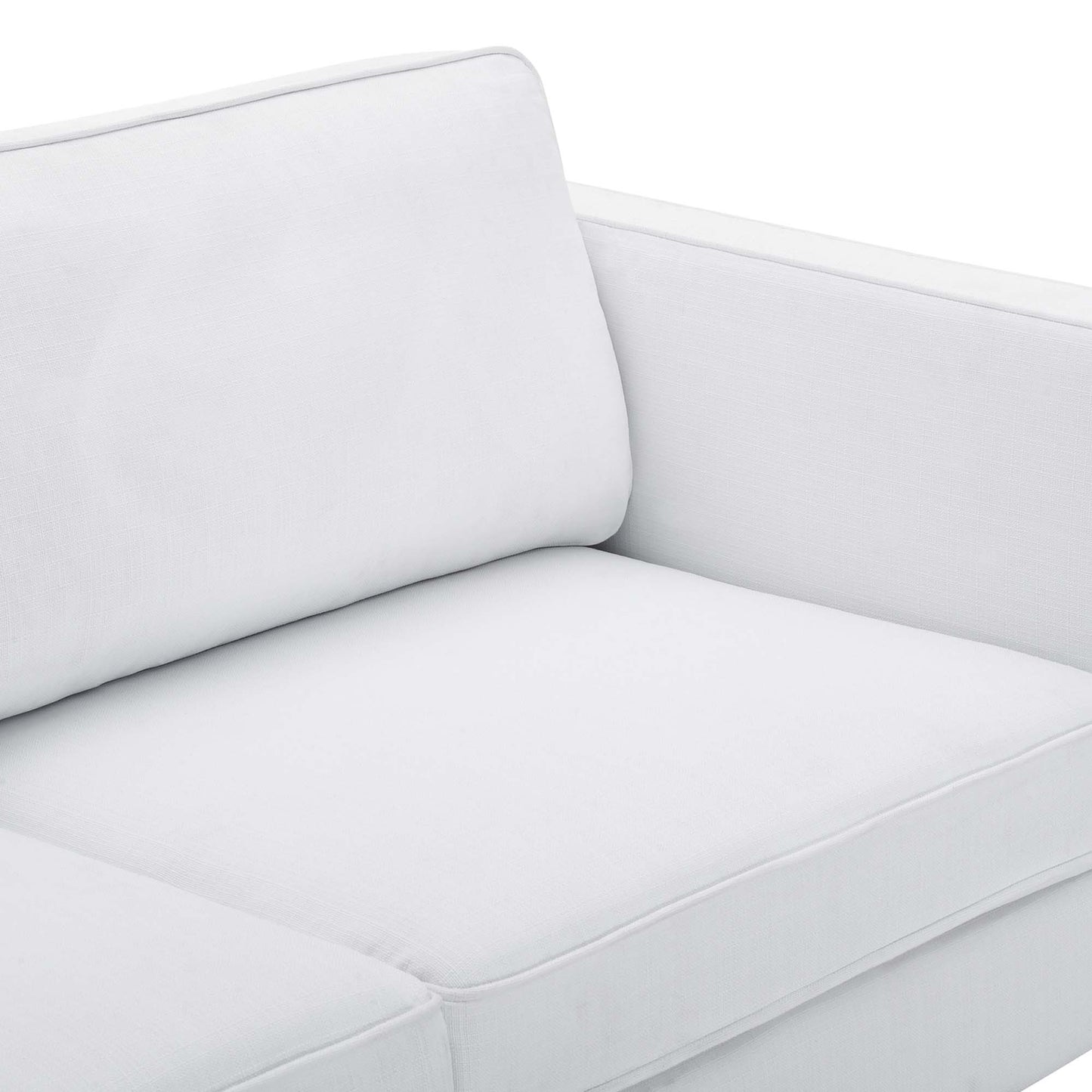 White fabric sofa with plush seat and back cushions; clean modern style