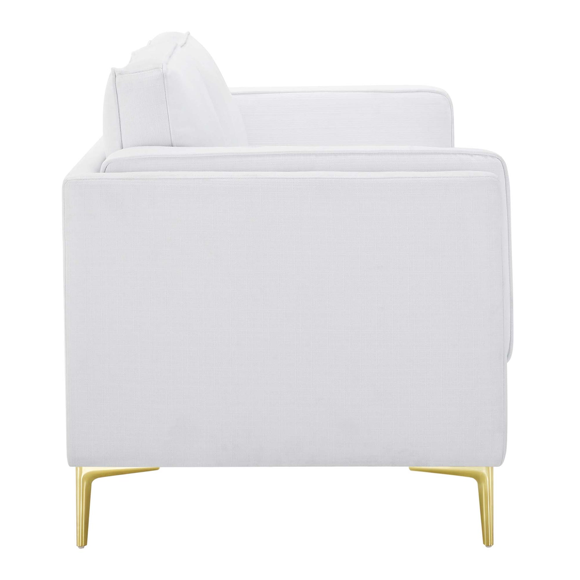 White fabric sofa with gold legs, modern style, cushioned back and seat, side view.