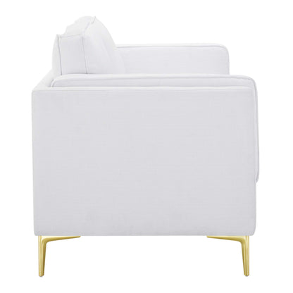 White fabric sofa with gold legs, modern style, cushioned back and seat, side view.