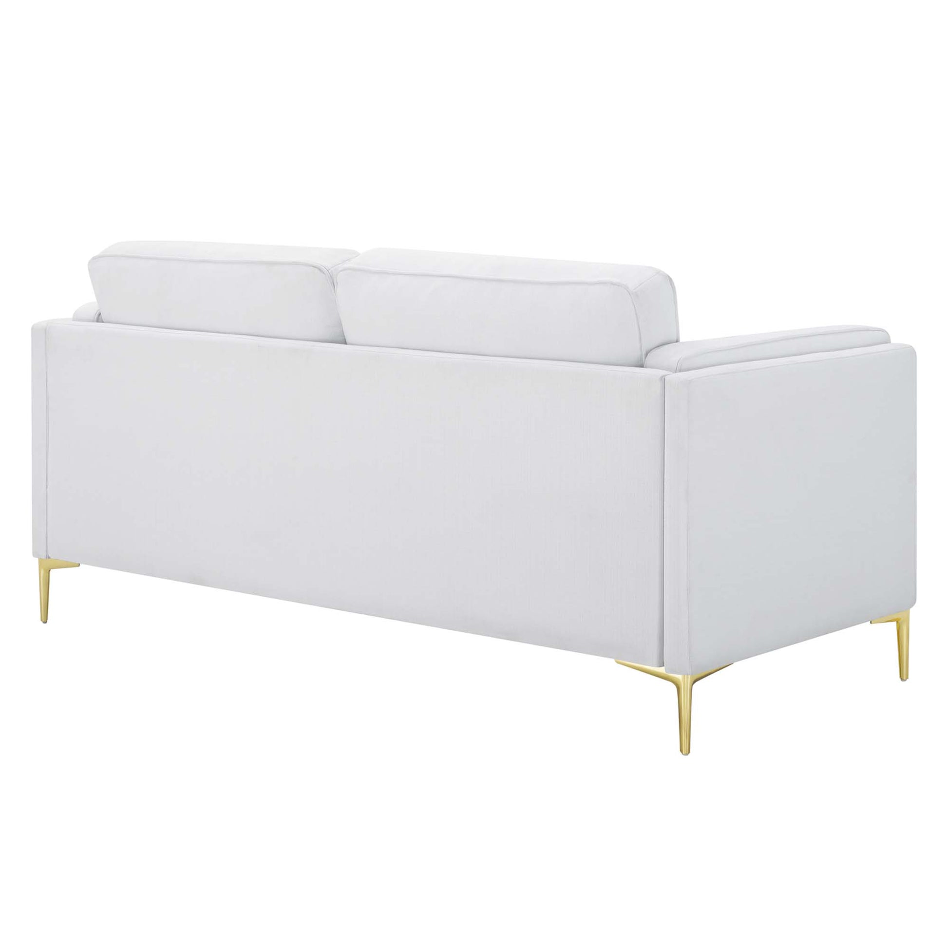 White modern fabric sofa with two rectangular back cushions and slender gold legs.