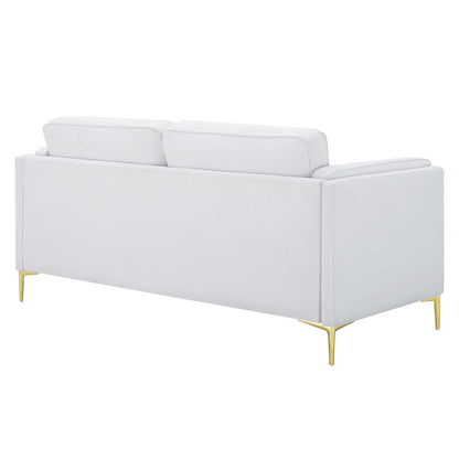 White modern fabric sofa with two rectangular back cushions and slender gold legs.