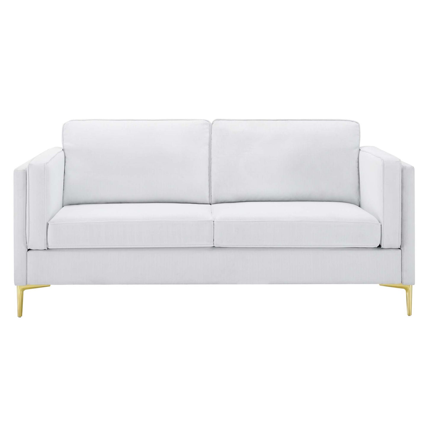 White fabric sofa with clean lines, two-seat cushions, square arms, and gold metal legs.