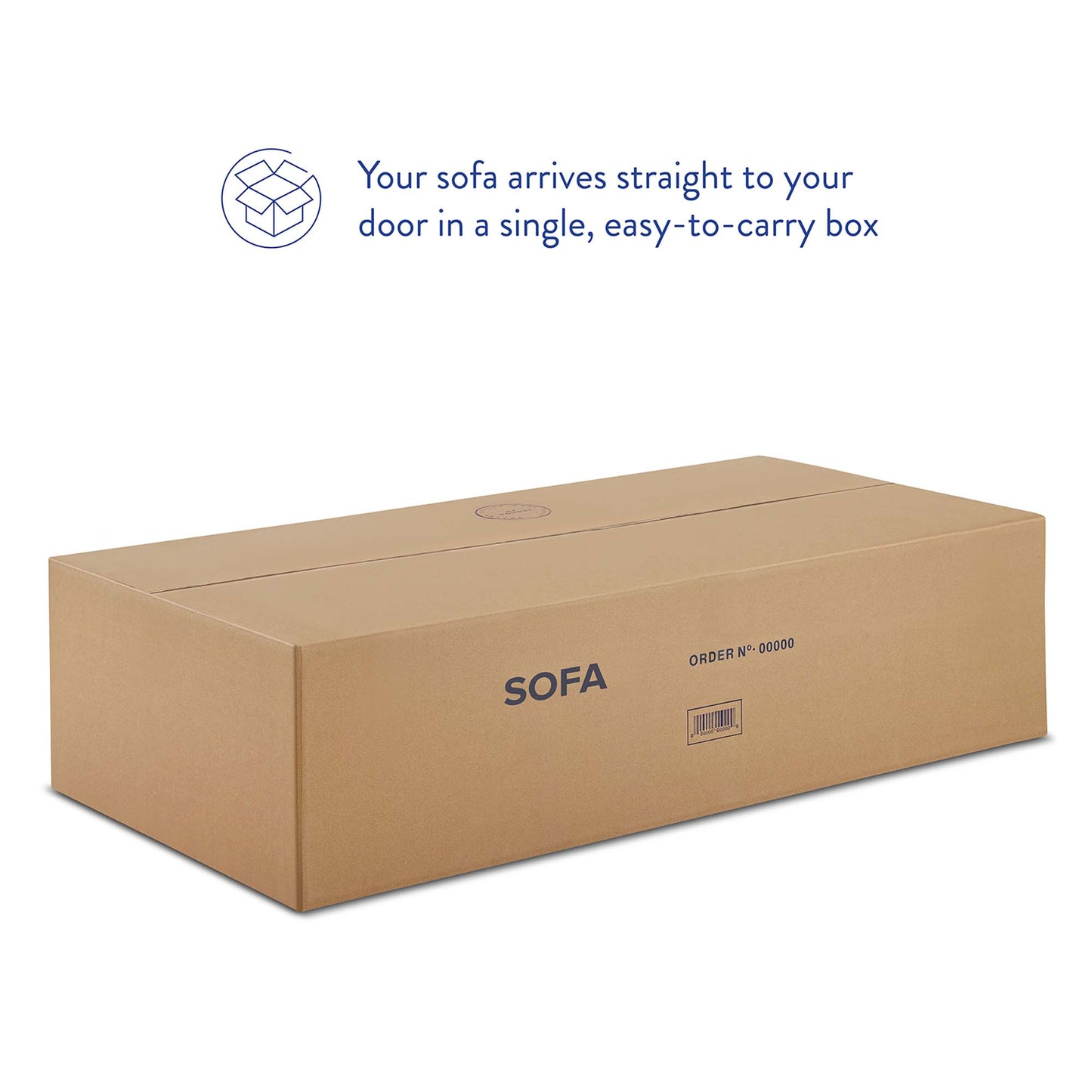 Long brown corrugated sofa box with SOFA label, simple packaging for easy home delivery.