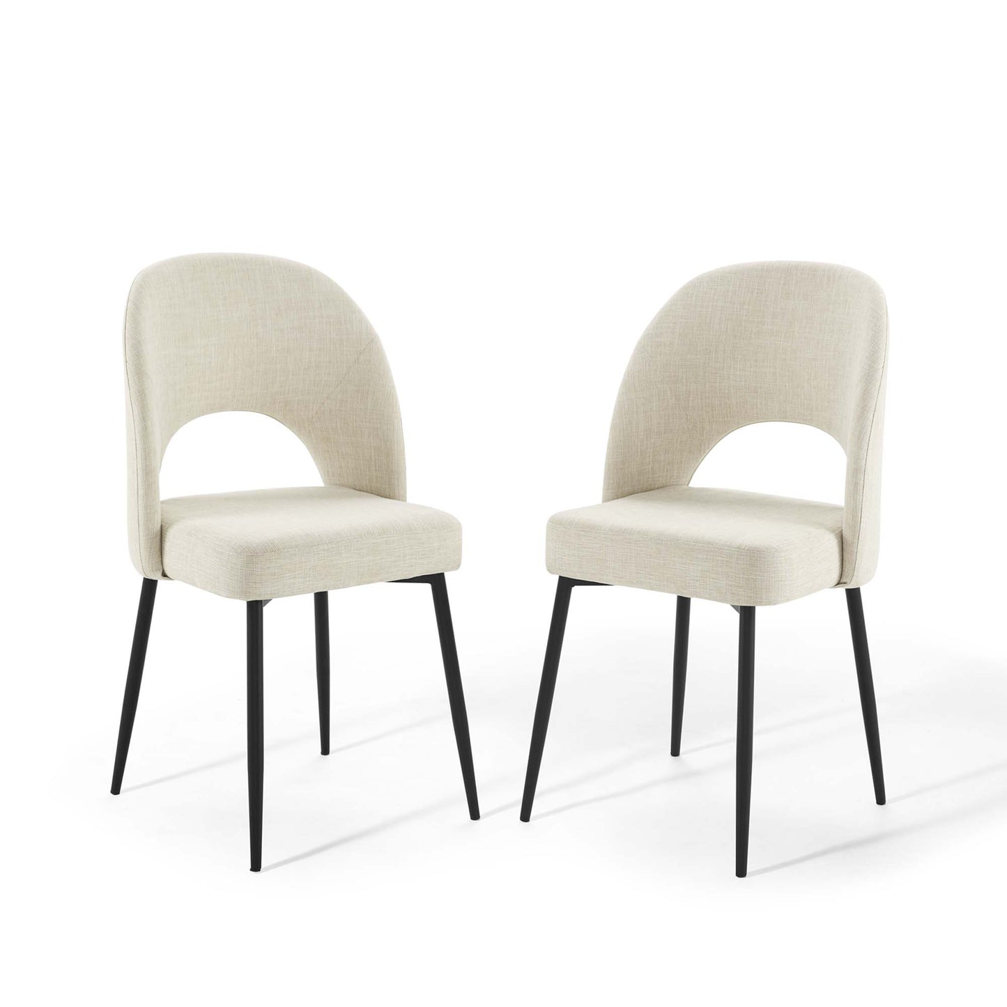 Pair of beige fabric dining chairs with curved backrest and cutout, black tapered metal legs.