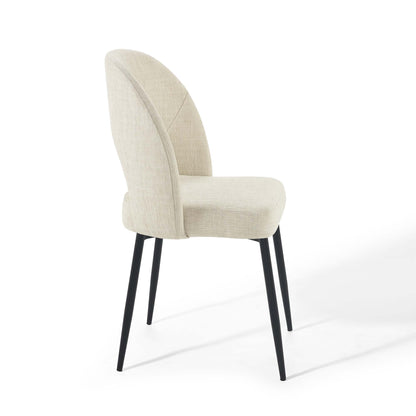 Beige linen-textured fabric dining side chair with curved high back and black tapered legs.