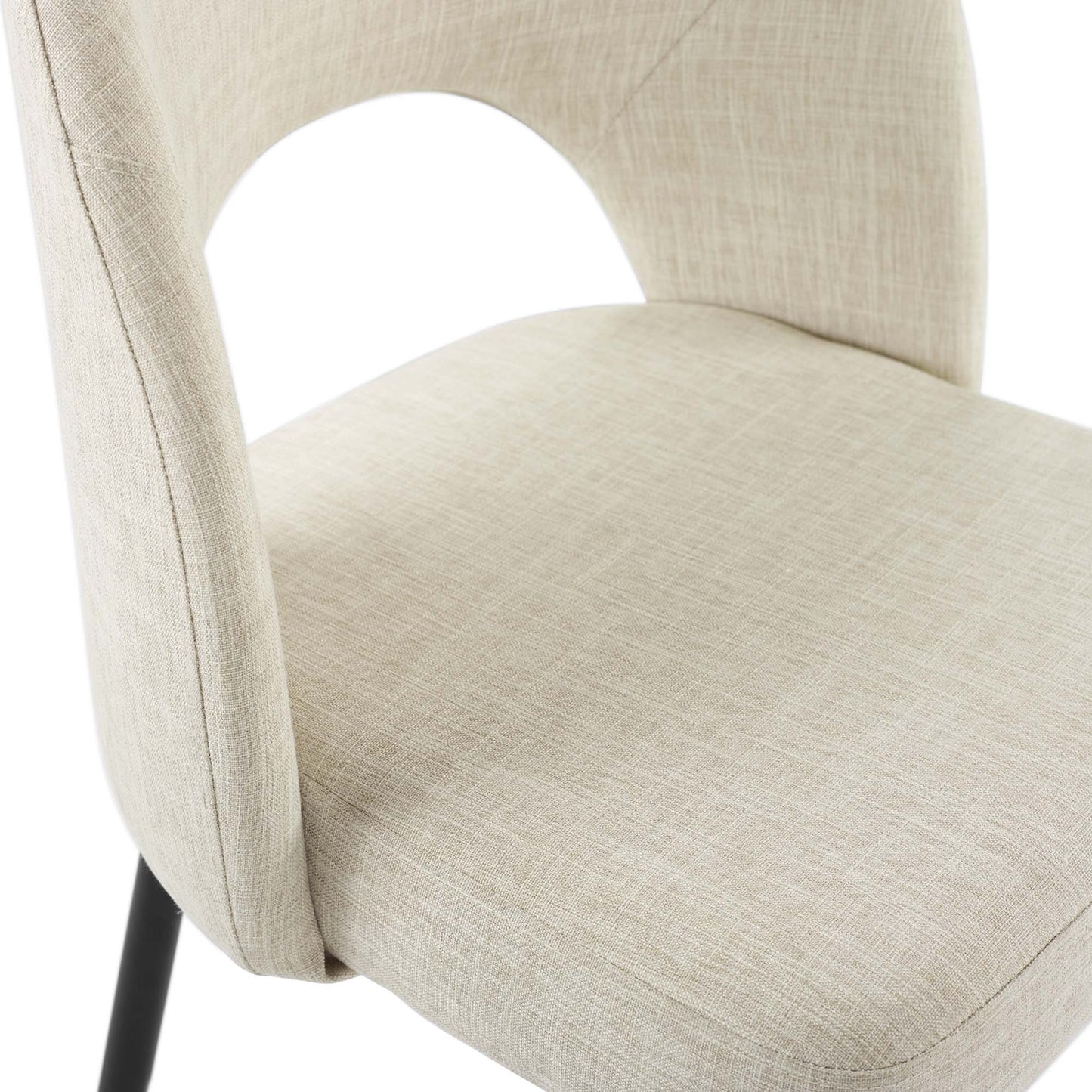 Brown upholstered fabric dining side chair with a curved back, open arch detail, and black metal legs.