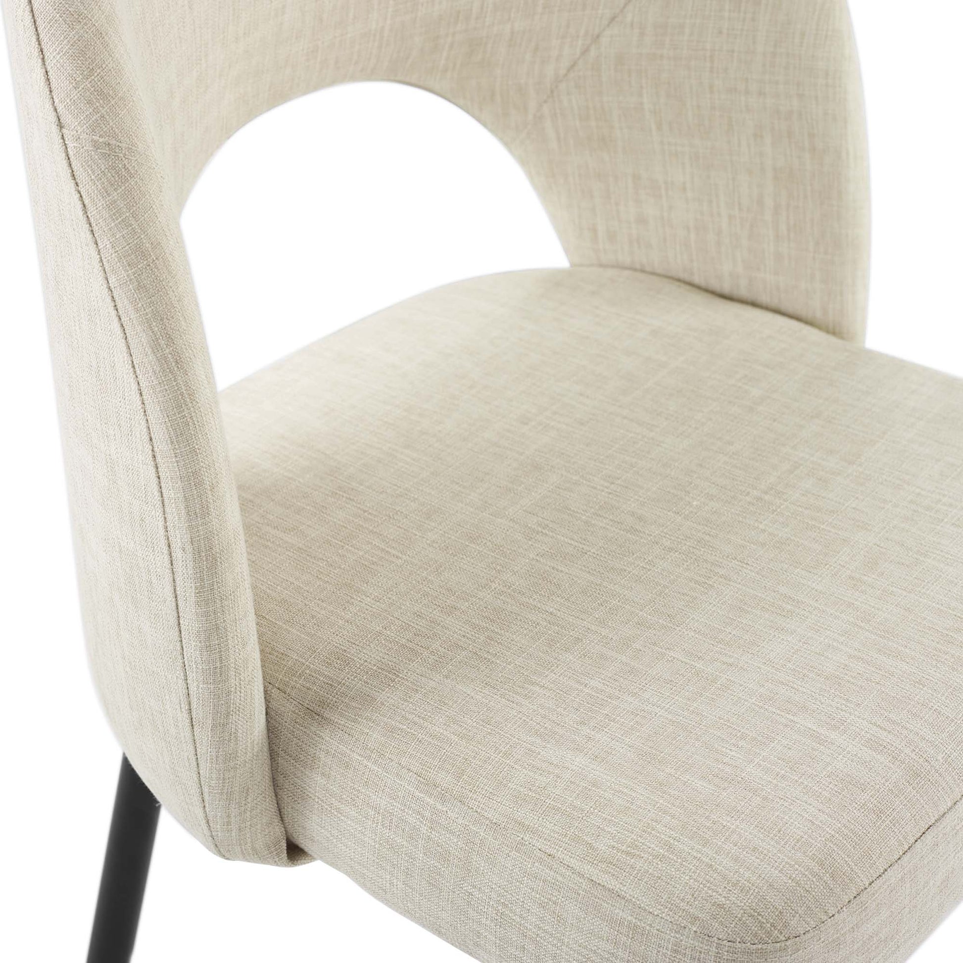 Brown upholstered fabric dining side chair with a curved back, open arch detail, and black metal legs.