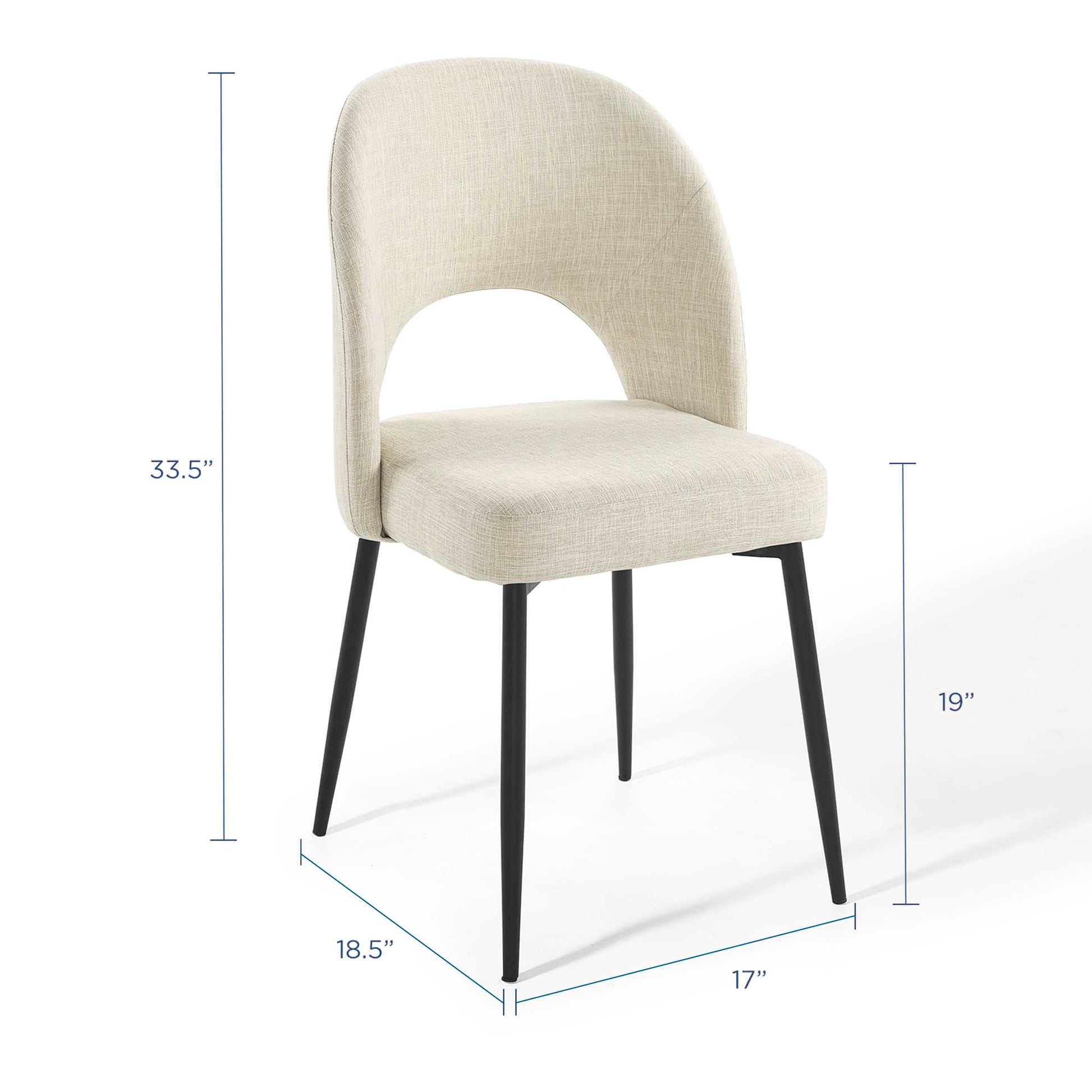 Beige upholstered dining side chair set of 2 with curved arch back and black tapered legs; overall height 33.5 inches