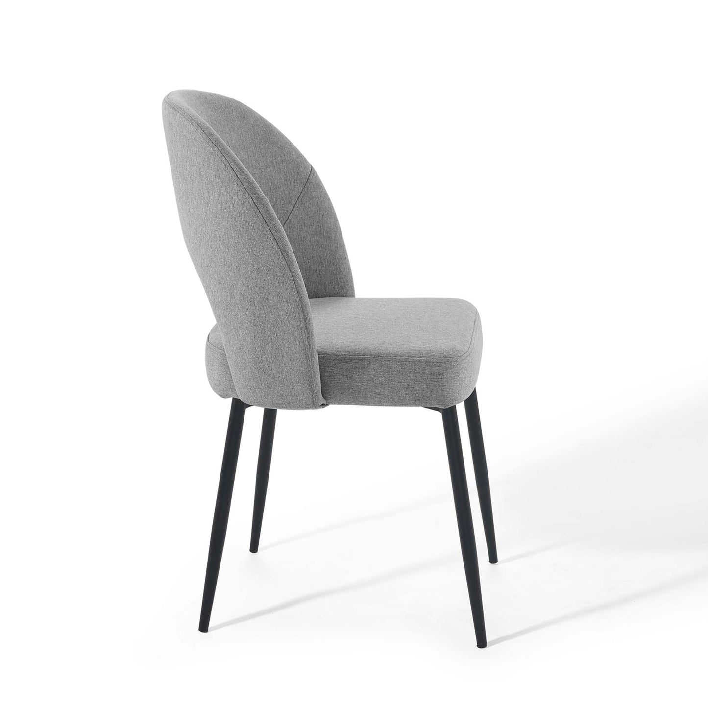 Light gray upholstered chair with curved high back & cushioned seat, black tapered metal legs.