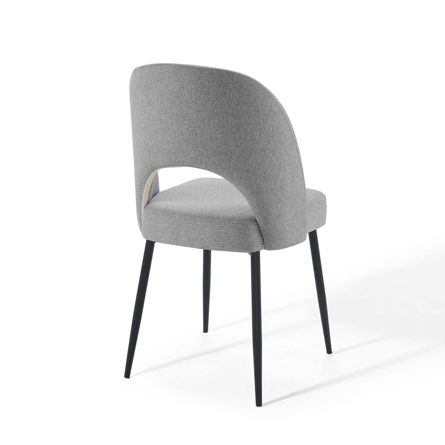 Light gray fabric dining chair with curved wraparound back and black tapered legs