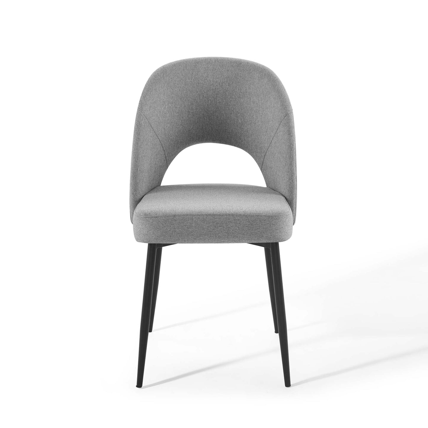 Grey upholstered dining side chairs (set of 2) with curved back & cushioned seats, black tapered legs.