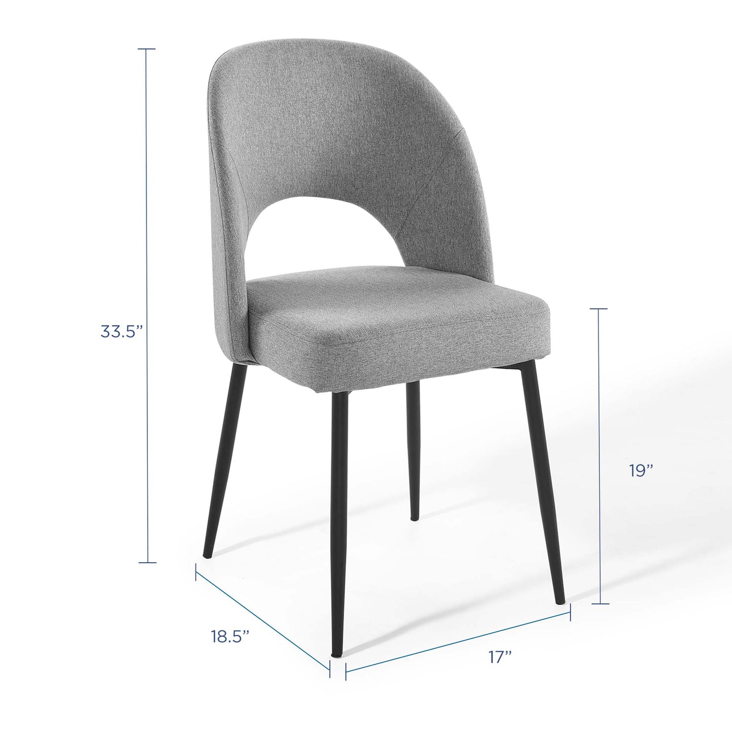 Grey upholstered dining chairs (set of 2) with curved backs, black tapered legs, 19 in seat height, 33.5 in overall height