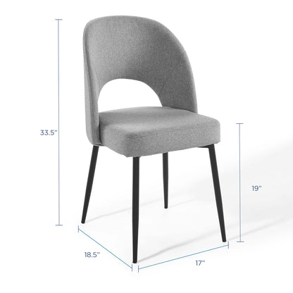 Grey upholstered dining chairs (set of 2) with curved backs, black tapered legs, 19 in seat height, 33.5 in overall height