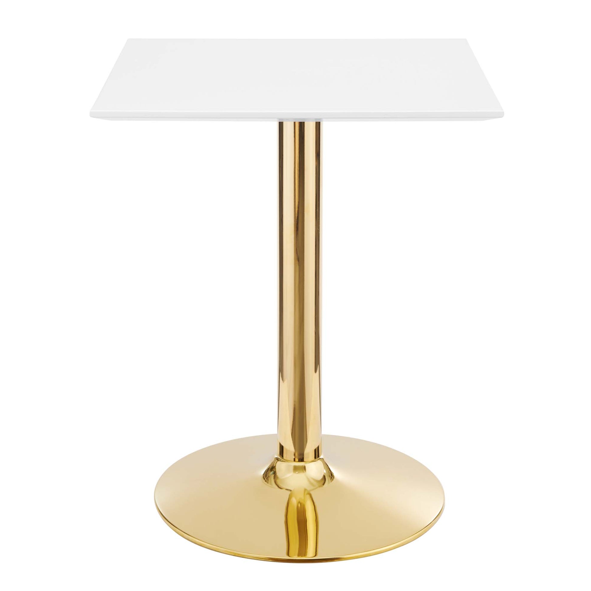 White square dining table on a gold brass pedestal with a round gold base; modern, sleek dining table.
