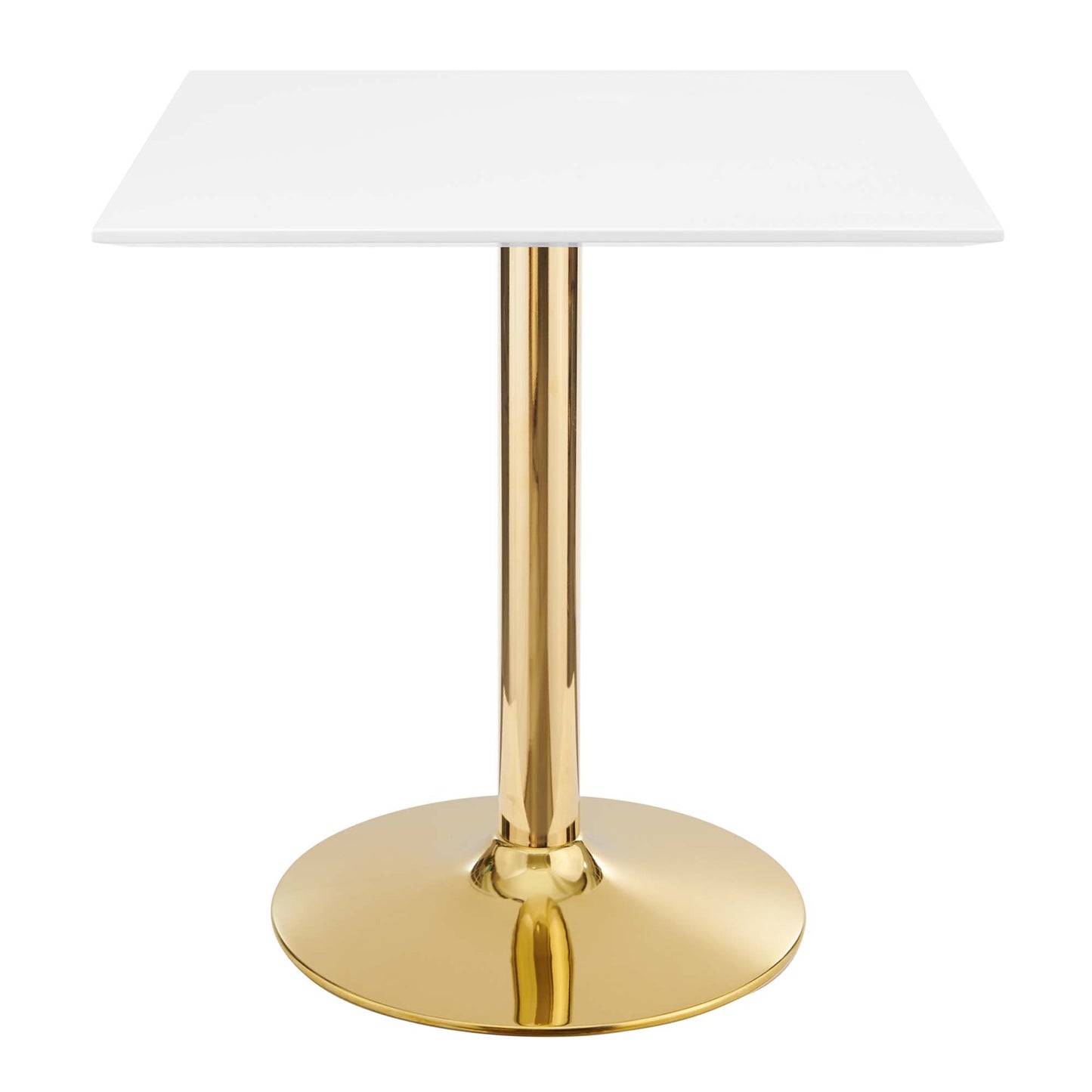 White square tabletop on a polished gold pedestal with a round gold base.