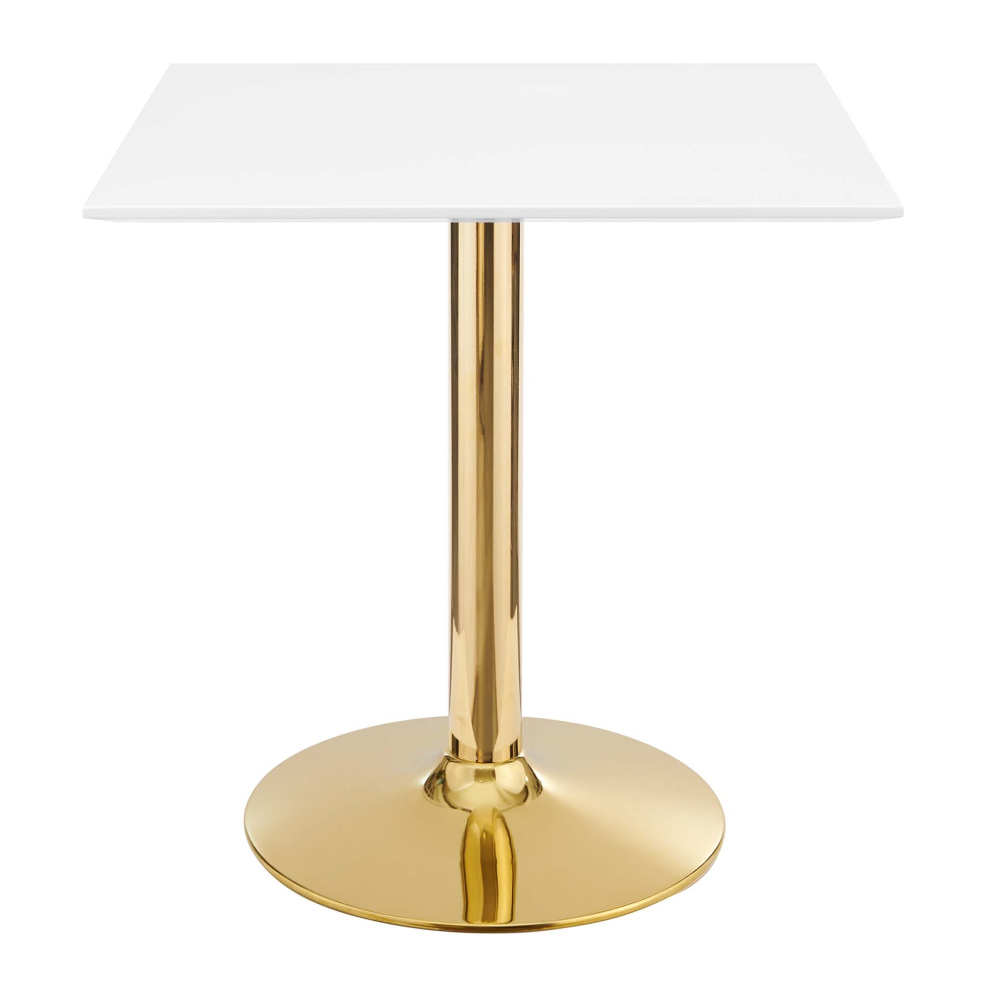 White square tabletop on a polished gold pedestal with a round gold base.