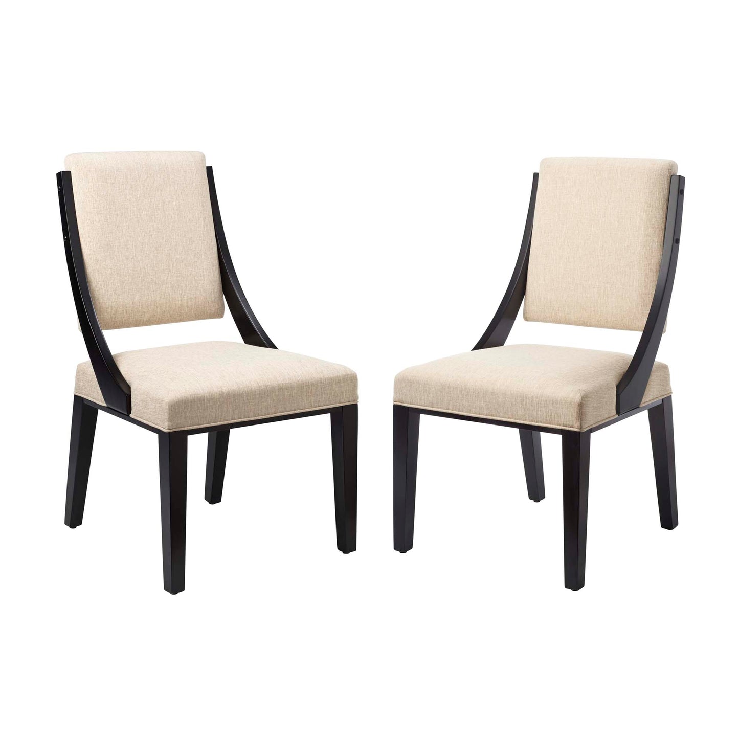 Pair of brown upholstered dining chairs with dark wood curved arms and tapered legs in a mid-century modern style.