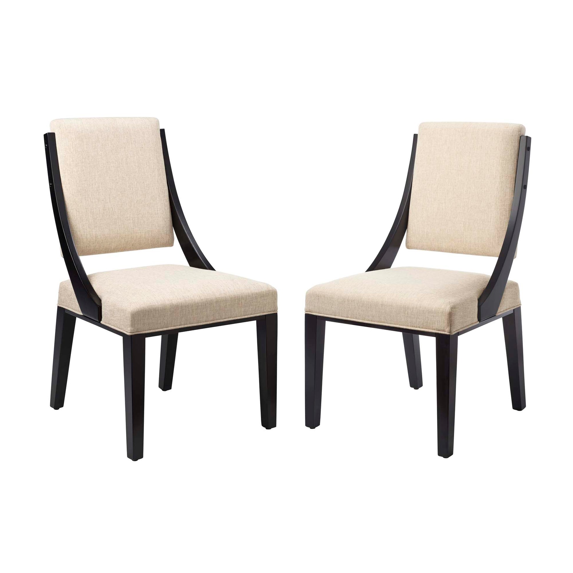 Pair of brown upholstered dining chairs with dark wood curved arms and tapered legs in a mid-century modern style.