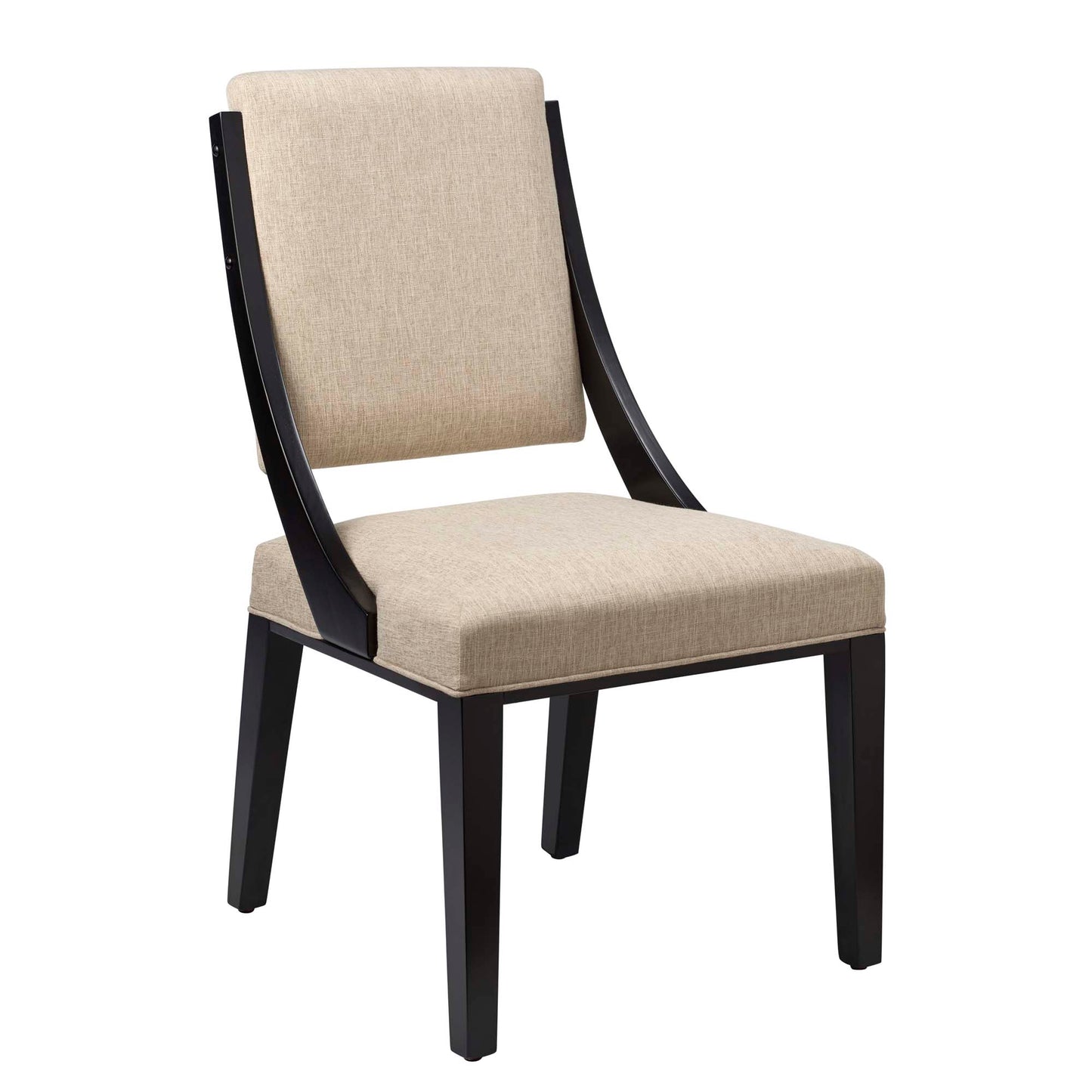 Beige upholstered dining chairs with dark wood frames & curved arm supports (set of 2).