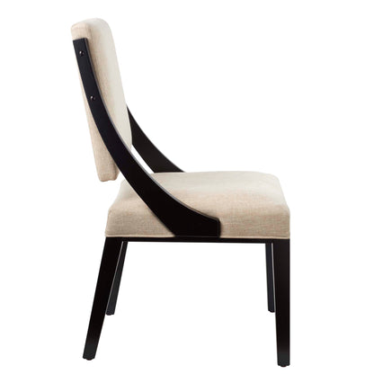 Beige upholstered dining chairs with black curved wood frames, side profiles.