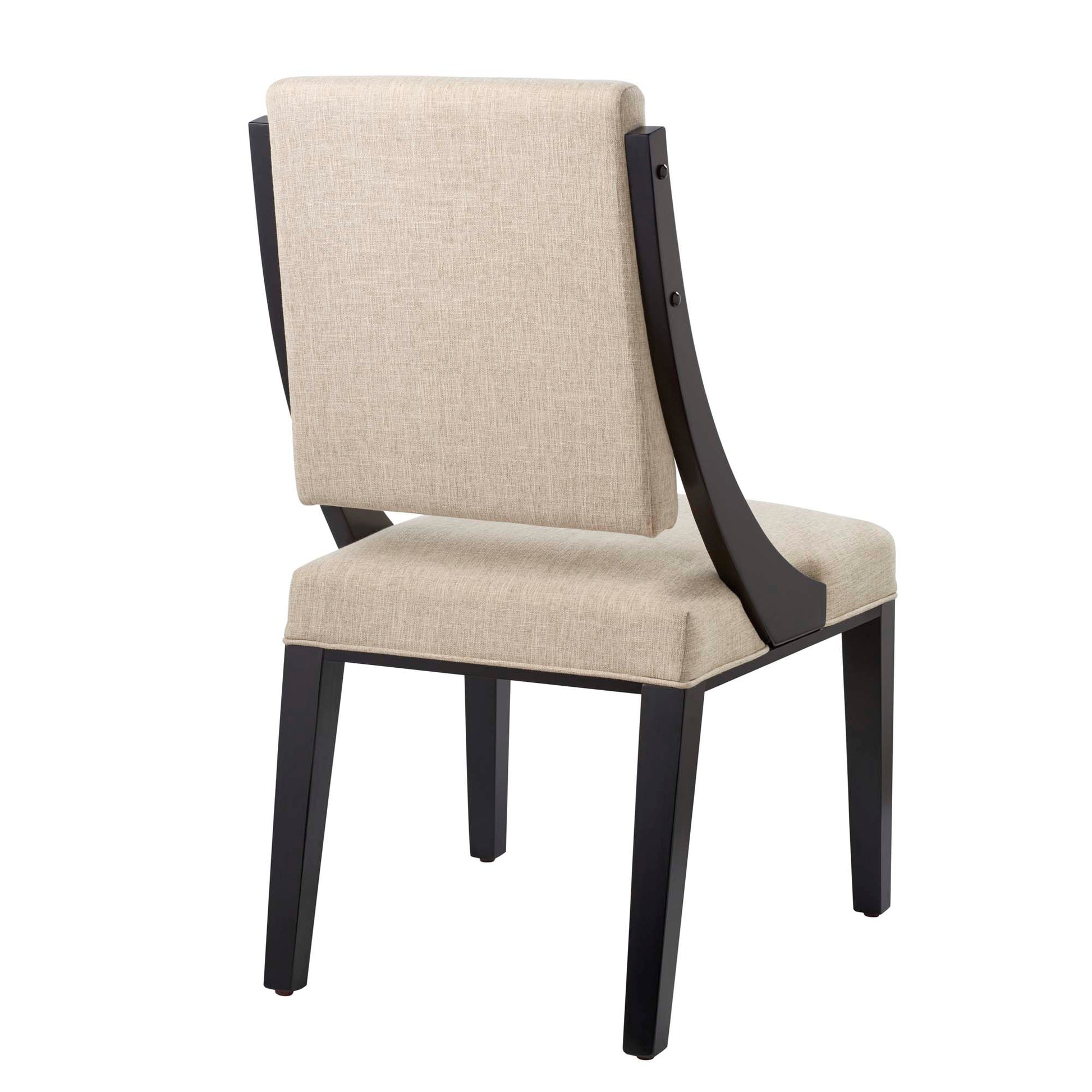 Brown upholstered dining chair with dark wood frame and curved side supports.