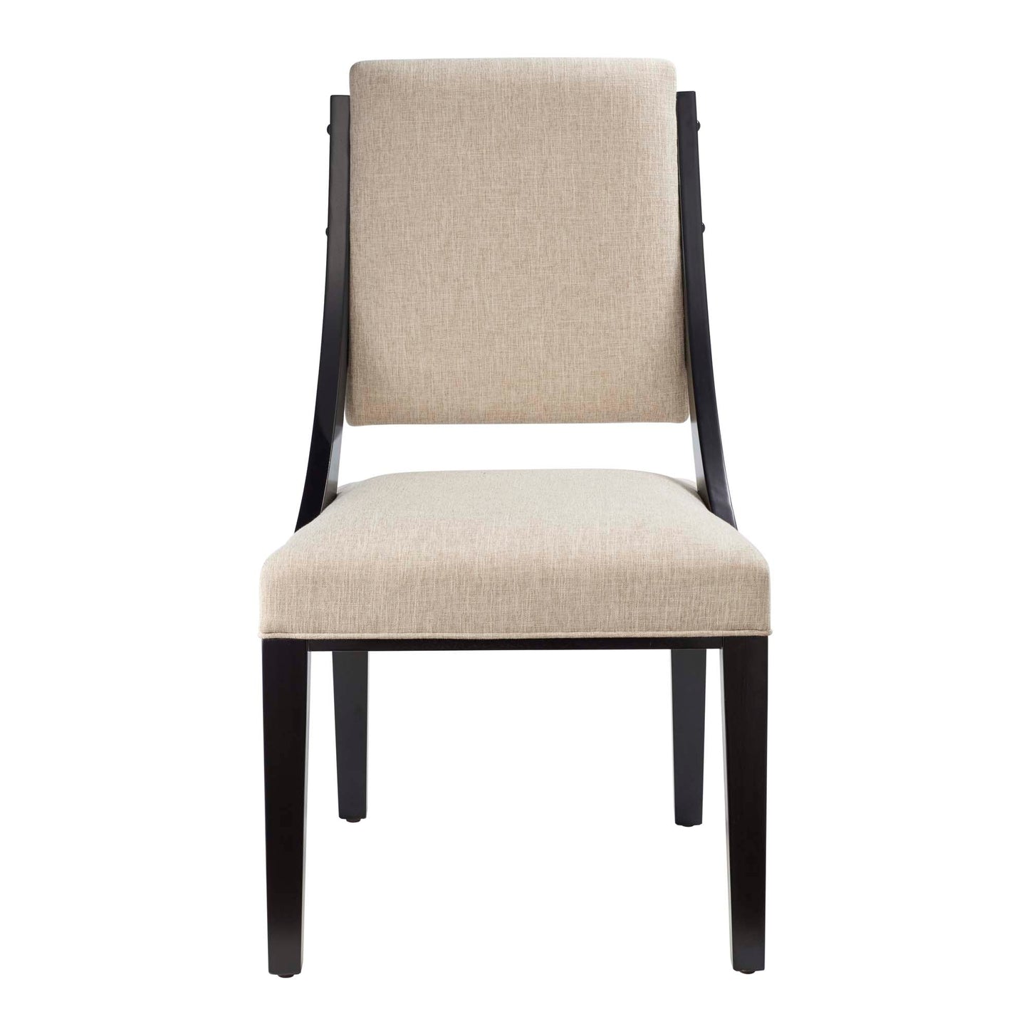 Beige fabric upholstered dining chair with cushioned backrest and dark wood frame.