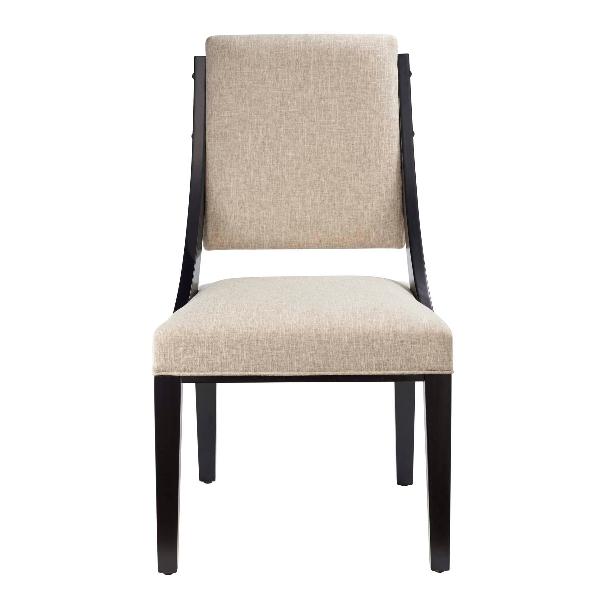 Beige fabric upholstered dining chair with cushioned backrest and dark wood frame.