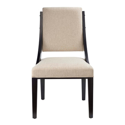 Beige fabric upholstered dining chair with cushioned backrest and dark wood frame.
