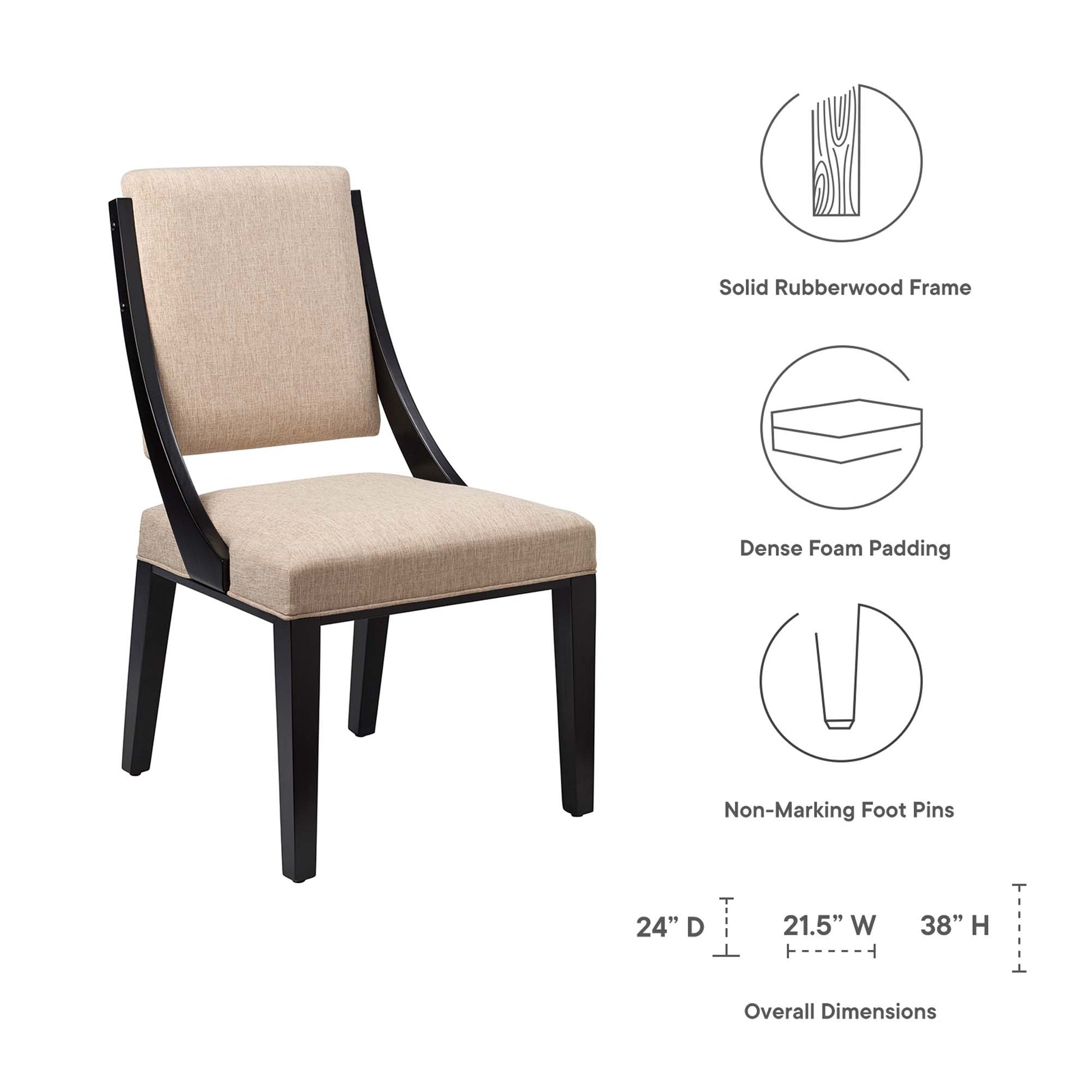Beige upholstered dining chair with solid rubberwood frame, curved dark wood arms and dense foam padding.