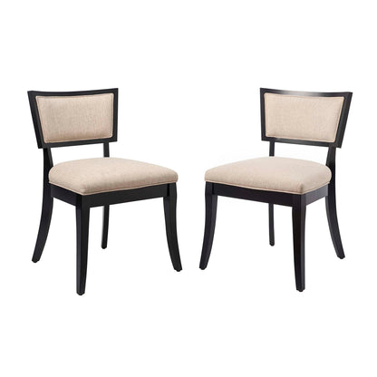 Pair of brown upholstered fabric dining chairs with rectangular backrests, set of 2.