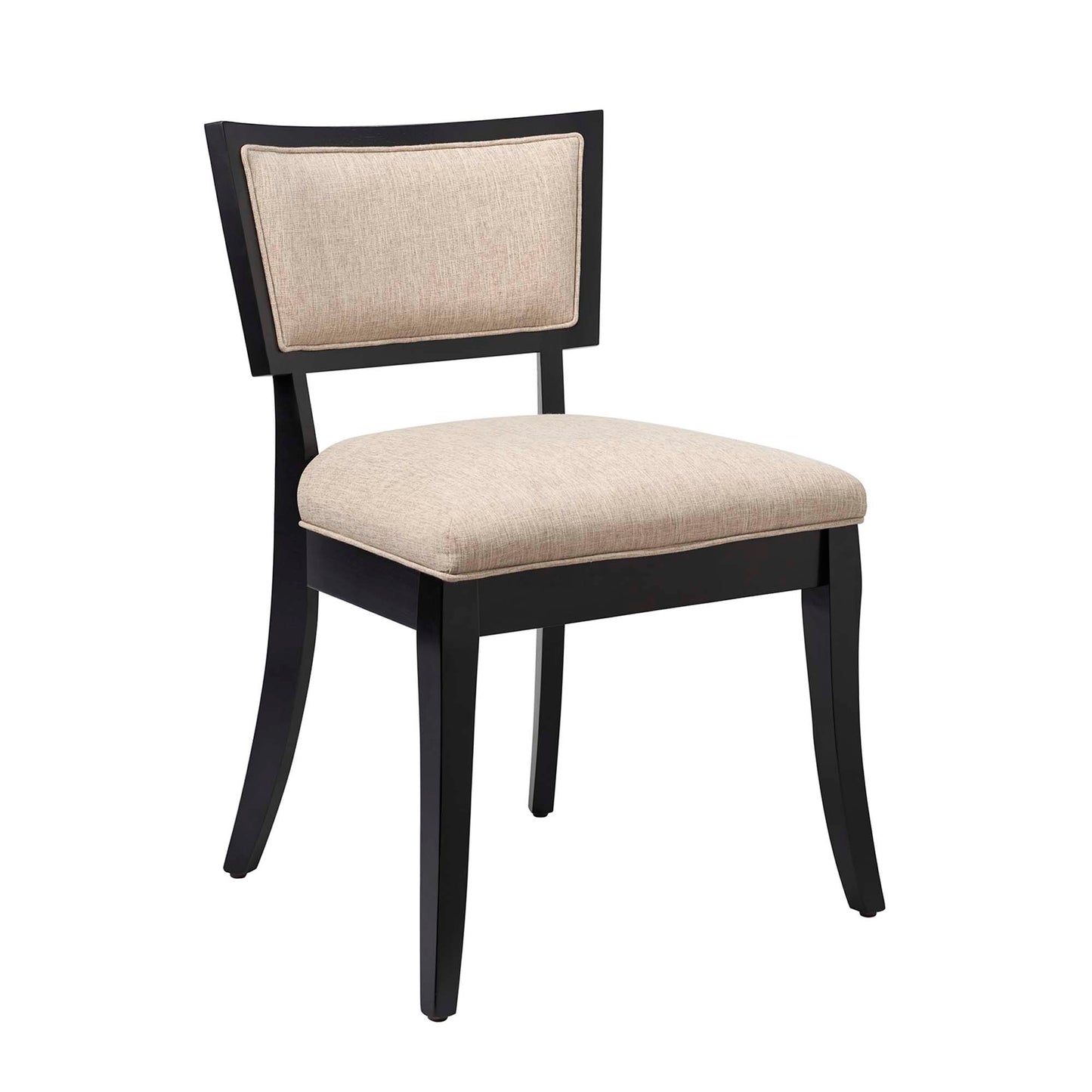 Brown wood dining chairs with beige upholstered fabric seats and back cushions; curved legs, modern style; set of 2