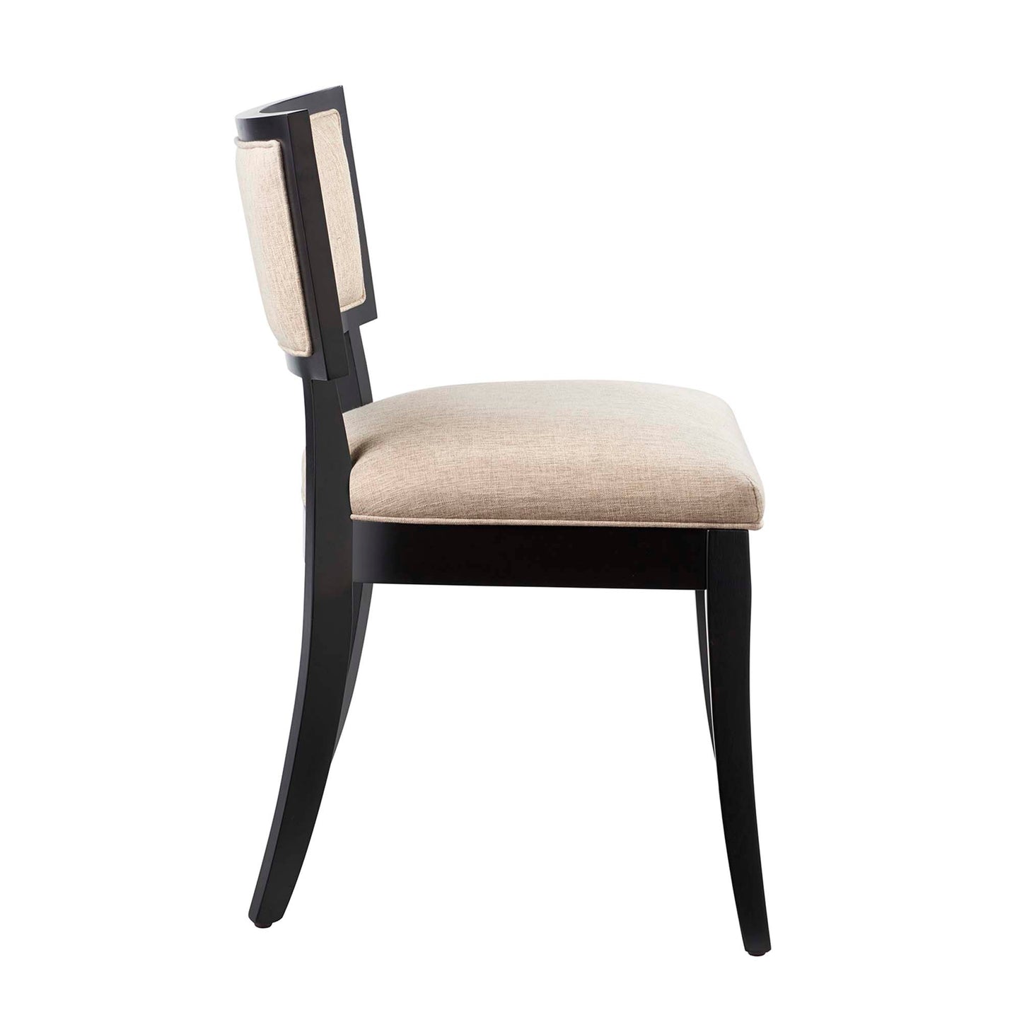 Brown wooden dining chair with beige fabric upholstered seat and padded backrest cushions.